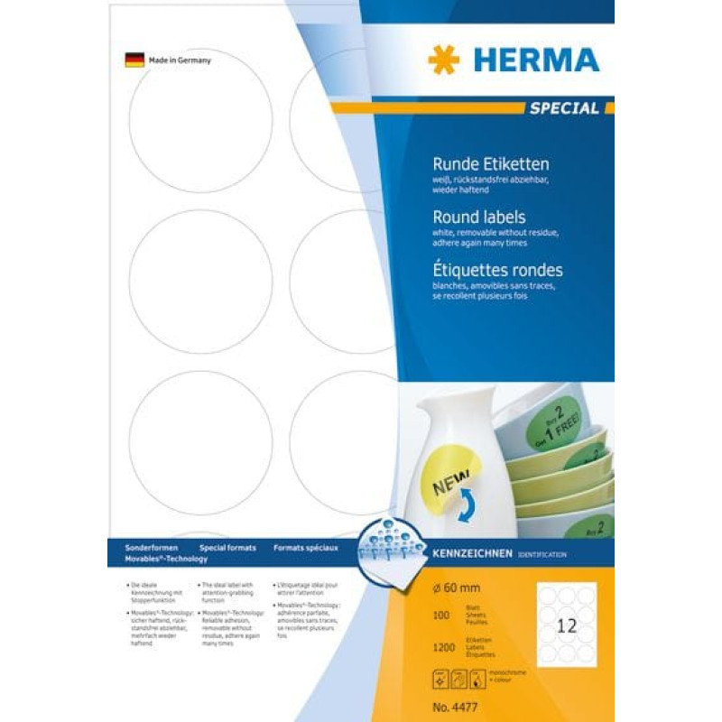 Herma Etykiety odklejalne Movables A4, okrągłe, białe, papier matowy, 1200 szt (4477)