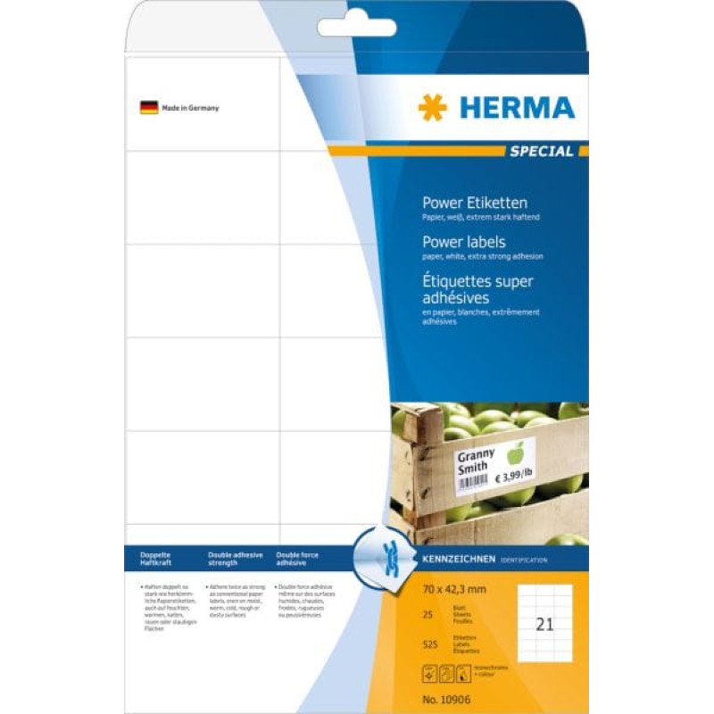 Herma Etykiety samoprzylepne 10906, A4, 70 x 42,3 mm, ekstremalnie mocno klejące, papier biały matowy, 525 szt. (10906)