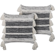 Beliani Lumarko 2 bawełniane poduszki dekoracyjne z frędzlami 45 x 45 cm czarne z białym ROCHEA!
