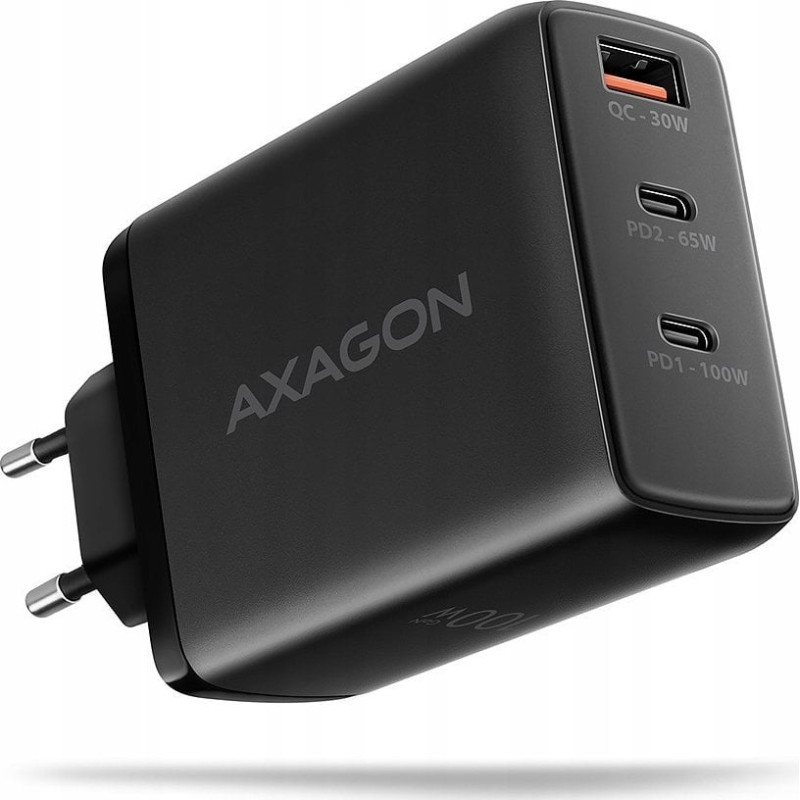 Axagon Ładowarka Axagon ACU-DPQ100 Ładowarka sieciowa, GaN 100W, 3x port (USB-A + dual USB-C) PD3.0/QC4+/PPS/Apple, czarna