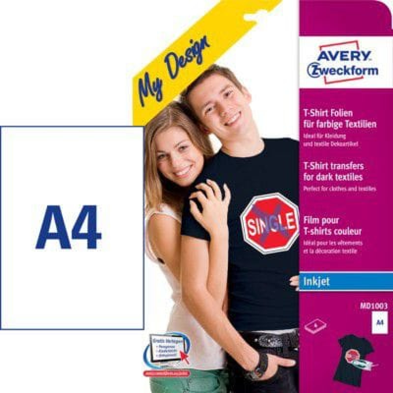 Avery Zweckform Folie Transferowe na Koszulki do Kolorowych Tkanin, 4 arkusze
