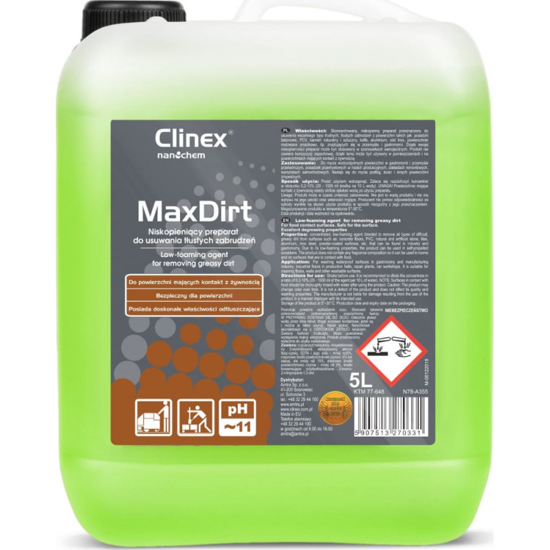Clinex Koncentrat preparat do usuwania tłustych zabrudzeń CLINEX 4Dirt 5L Koncentrat preparat do usuwania tłustych zabrudzeń CLINEX 4Dirt 5L