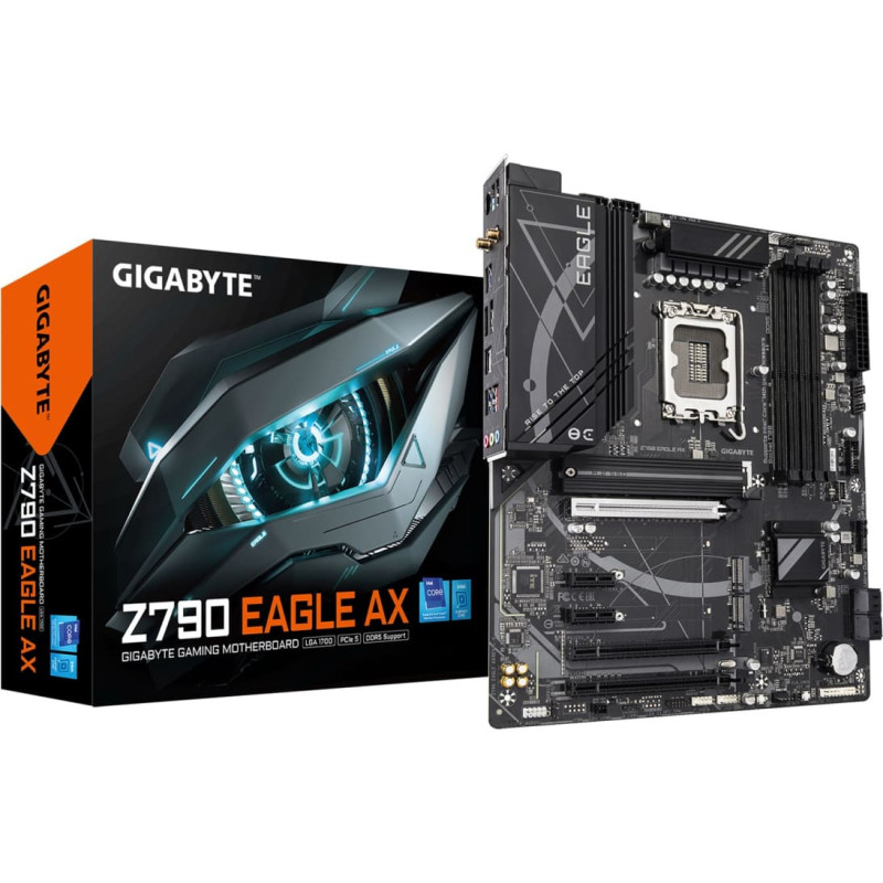 Gigabyte Z790 EAGLE AX mātesplate — atbalsta Intel Core 14. paaudzes centrālos procesorus, 12+1+1 fāzes digitālo VRM, līdz 7600MHz DDR5 (OC), 3xPCIe 4.0 M.2, Wi-Fi 6E, 2.5GbE LAN, USB 3.2 Gen 2