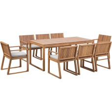 Beliani Zestaw ogrodowy drewniany stół i 8 krzeseł z poduszkami beżowoszarymi SASSARI