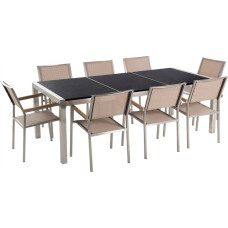 Beliani Zestaw ogrodowy stół granitowy dzielony blat czarny i 8 krzeseł beżowych GROSSETO (34050)