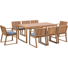 Beliani Zestaw ogrodowy drewniany stół i 8 krzeseł z poduszkami niebieskimi SASSARI
