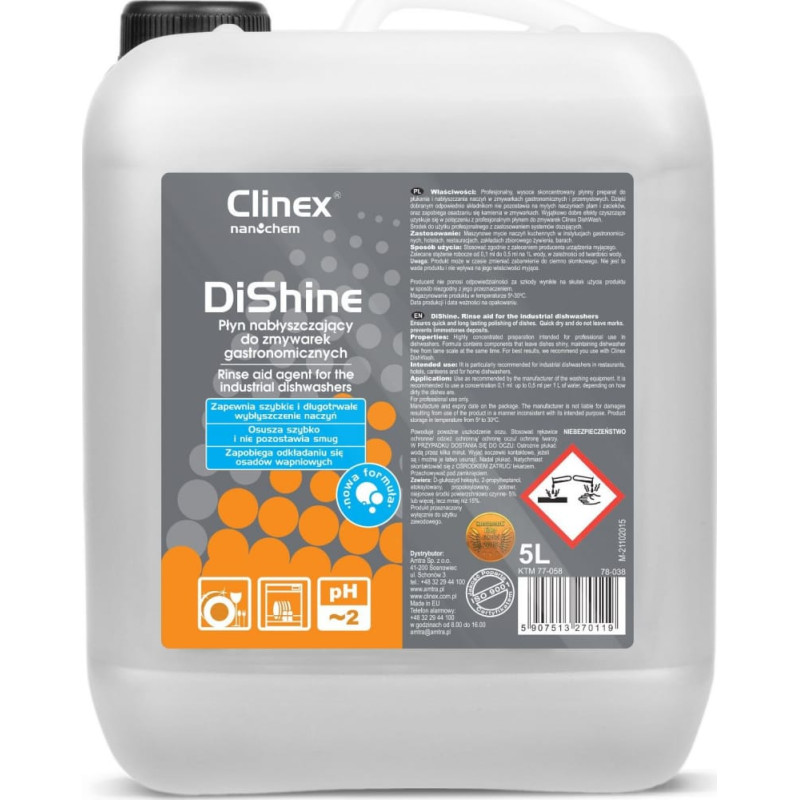 Clinex Nabłyszczacz płyn nabłyszczający do zmywarek gastronomicznych CLINEX DiShine 5L Nabłyszczacz płyn nabłyszczający do zmywarek gastronomicznych CLINEX DiShine 5L