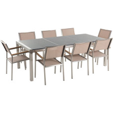 Beliani Zestaw ogrodowy stół granitowy dzielony blat szary i 8 krzeseł beżowych GROSSETO (33989)