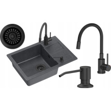 Graniteq Zlewozmywak GraniteQ READY- SMART CZARNY zlewozmywak granitowy 1-k z/o (62x44x17,5) + bateria z elastyczną wylewką very black + dozownik very black + syfon very black