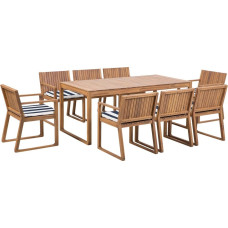 Beliani Zestaw ogrodowy drewniany stół i 8 krzeseł z poduszkami niebiesko-białymi SASSARI