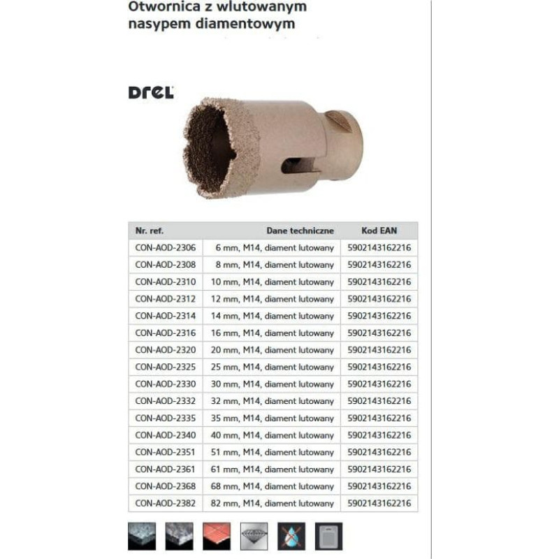 Drel DREL KORONA M14 Z NASYPEM DIAMENTOWYM LUTOWANYM 14mm CON-AOD-2314