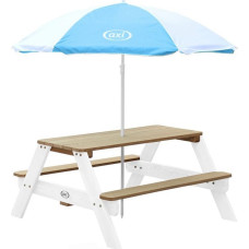 AXI Stół piknikowy NICK Brązowo-biały z niebiesko-białym parasolem