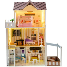Funfit Drewniany domek dla lalek 120 cm z oświetleniem LED RGB + 2 lalki