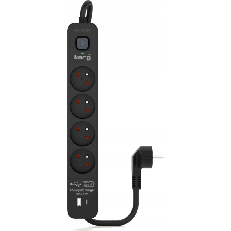Kerg Listwa zasilająca Kerg Urządzenie zasilające zabezpieczające KERG z wyłącznikiem 4 gniazda USB-C USB-A czarne 5m 16A H05VV-F 3x1,5mm2
