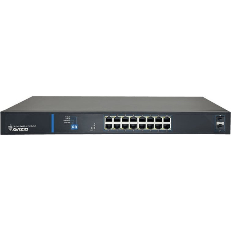 Avizio Switch AVIZIO Niezarządzalny przełącznik (switch) 16 portów RJ45 PoE+ 1Gb/s + 2 porty SFP Uplink 1Gb/s (budżet mocy 150W) AVIZIO