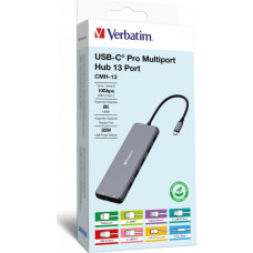 Verbatim HUB USB Verbatim USB (3.2) hub 13-port, 32153, szary, długość przewodu 20 cm, Verbatim, 2x USB C, 6x USB A, 2x HDMI
