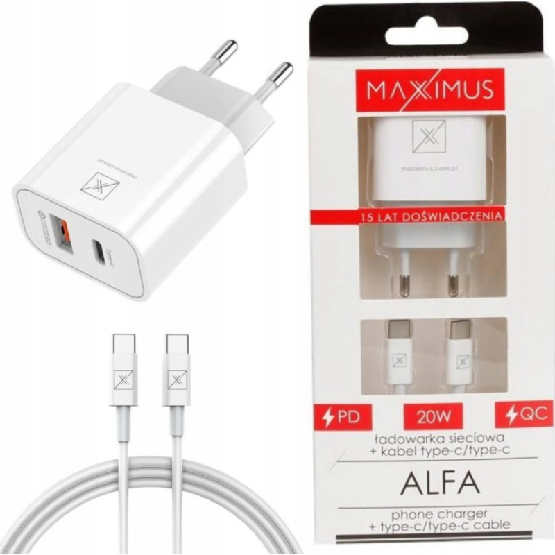 Maxximus Ładowarka Maxximus ŁAD. SIECIOWA MX ALFA 20W PD+QC, USB-A+C + KABEL C/C 20W PD, WHITE/BIAŁY