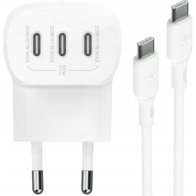 Belkin Zasilacz do laptopa Belkin Belkin BOOST Charge USB-C 67W 3xUSB-C + Cable WCC002vf2MWH-B6