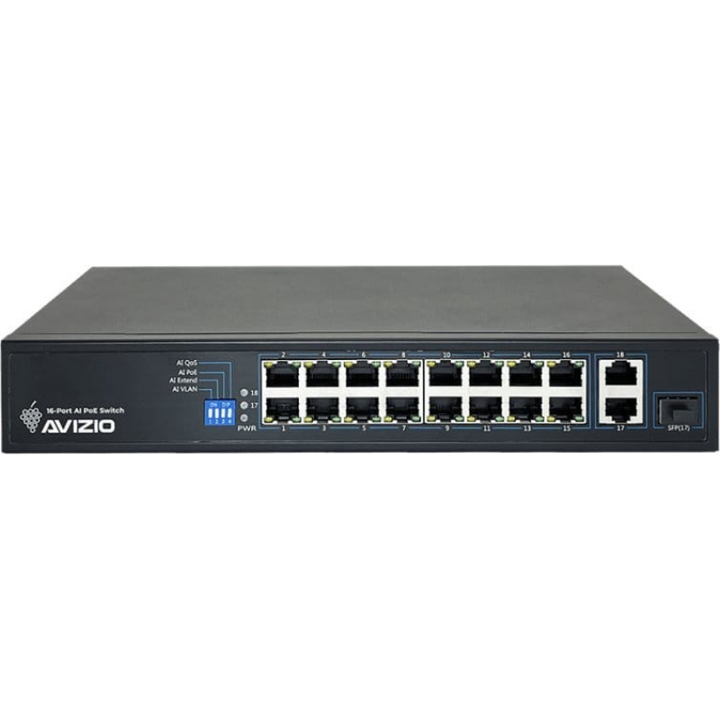 Avizio Switch AVIZIO Niezarządzalny przełącznik (switch) 18xRJ45 - 16 portów RJ45 PoE+ 100Mb/s + 2 porty RJ45 Uplink 1Gb/s (budżet mocy 150W) AVIZIO