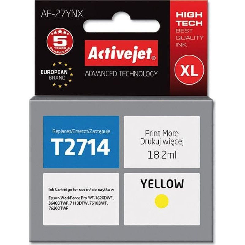 Activejet Tusz Activejet Activejet Tusz Activejet AE-27YNX (zamiennik Epson 27XL T2714; Supreme; 18 ml; żółty)