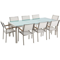 Beliani Zestaw ogrodowy stół szkło tłuczone dzielony blat i 8 krzeseł białych GROSSETO
