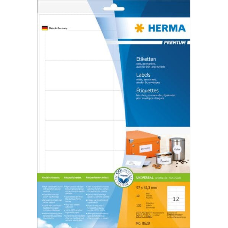 Herma Etykiety Premium 8628, A4, białe, 97 x 42,3 mm, papier matowy, 120 szt. (8628)