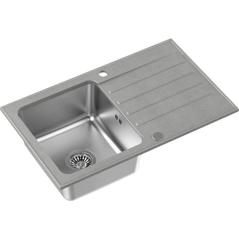Steiner Zlewozmywak Steiner KENNETH 111 Fusion GraniteQ silver stone z komorą stalową (780x480x190) z syfonem manualnym i zaślepką