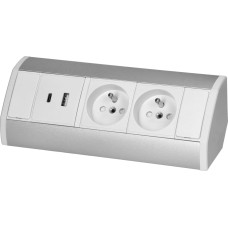 Orno Gniazdo meblowe 2x2P+Z, 2xUSB (typ A+C; 2,4A), biało-srebrne