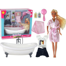 Leantoys Lalka Dla Dzieci Długie Blond Włosy Szlafrok Różowy Wanna Łazienka