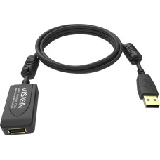 Vision VISION installationstaugliches USB 2.0-Aktiv-Verlangerungskabel - 30 JAHRE GARANTIE - Gold-Steckverbinder - Ferritkerne - 480 Mbit/s - Abschirmgeflecht mit uber 65 % Abdeckung - USB-A (F) zu USB-A (M) - Aussendurchmesser 4,5 mm - 28 + 24 AWG - 5 m