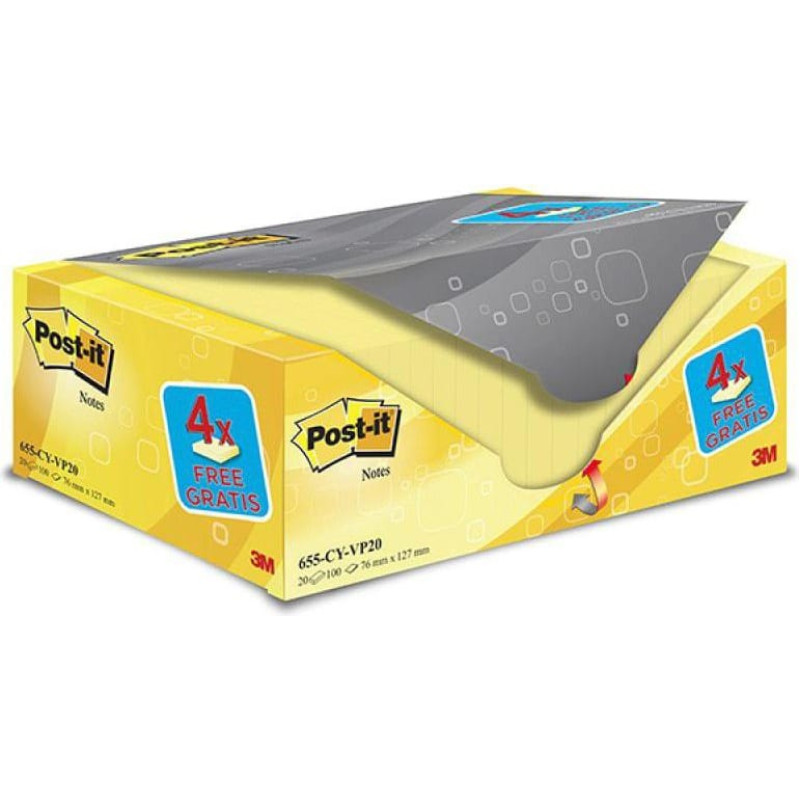 3M Bloczek samop. POST-IT® (655CY-VP20), 127x76mm, (20+4)x100 kart., żółte