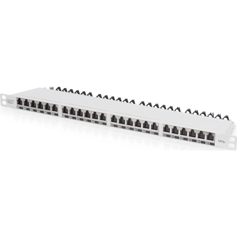 Digitus Digitus Panel krosowy (patch panel) high density 19'' 24x RJ45, LSA poziom, kat.6A, ekranowany , 0.5U, szary, prowadnica kabli