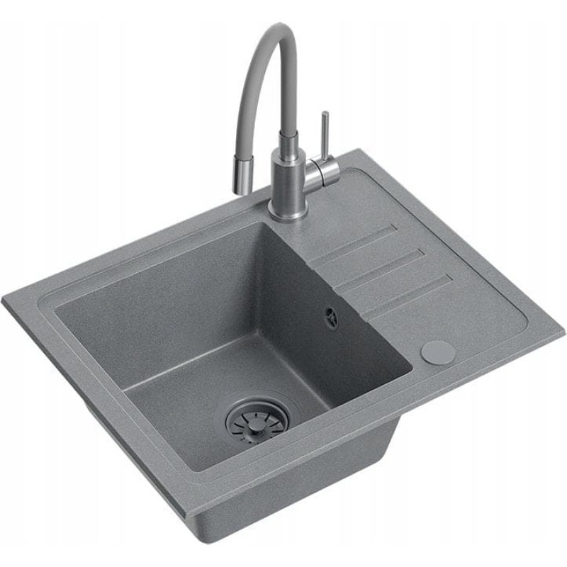 Noname Zlewozmywak BEN 116 zlewozmywak granitowy silver stone 55x44 z szarą baterią z elastyczną wylewką, z szarym syfonem i szarą zaślepką