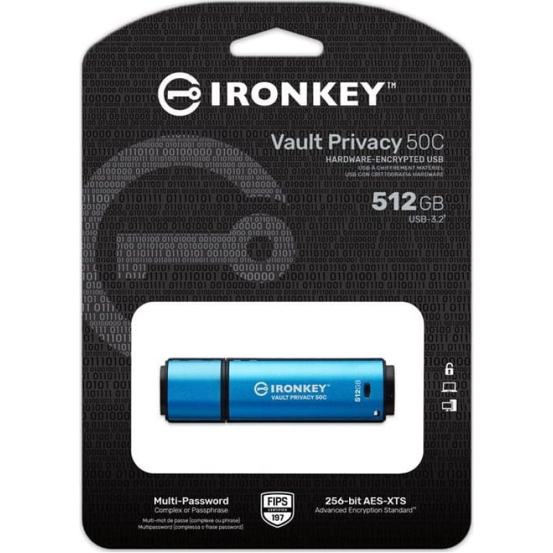 Kingston Pendrive Kingston Kingston Technology IronKey Vault Privacy 50 pamięć USB 512 GB USB Type-C 3.2 Gen 1 (3.1 Gen 1) Czarny, Niebieski